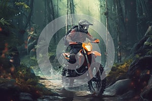 Off-Road Motorbike in mud cloud with forest on background. Biker rider in action. Generative AI