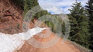 Off road riding ATV down on mountain forest snow 4K