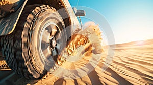 Off road safari SUV blurs wheels as adventure beckons in desert under blue sky, Ai Generated photo