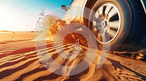 Off road safari SUV blurs wheels as adventure beckons in desert under blue sky, Ai Generated photo