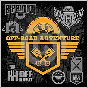 Off-road suv car emblems, badges and icons. Off-roading adventure club design elements.