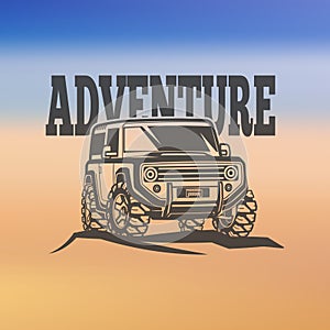 Off-road suv car monochrome labels, emblems, badges or logos on blurred background. Off-roading trip