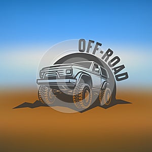 Off-road suv car monochrome labels, emblems, badges or logos on blurred background. Off-roading trip