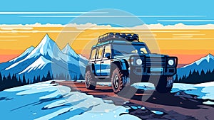 Off-road SUV standing in snow, on winter mountains background. 4x4 adventure vector illustration