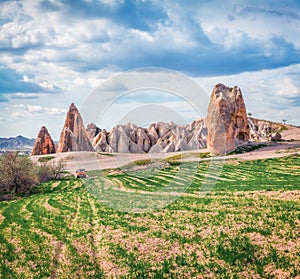 Off road traveling among the vierd forms of limestone peaks in Cappadocia. Wonderful morning view of Red Rose valley. Cavusin vill