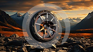 Off road treaded car wheel on top of mountain with beautiful scenery, Ai