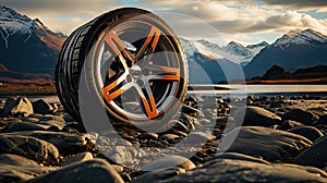 Off road treaded car wheel on top of mountain with beautiful scenery, Ai