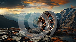 Off road treaded car wheel on top of mountain with beautiful scenery, Ai