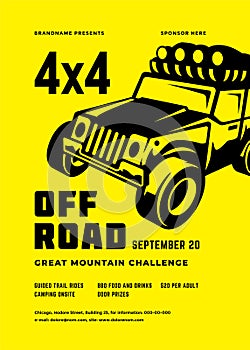 Off road truck competition poster or flyer event modern typography design template and 4x4 suv car silhouette.