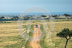 Off-road truck driving on gravel road in masai mara, kenya, africa.