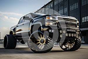 Off-road truck with oversized rims with aggressive appearance. Generative AI