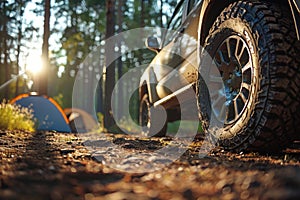 Off road vehicle camping in a forest, Summer travel camping, Car summer camping