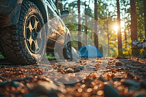 Off road vehicle camping in a forest, Summer travel camping, Car summer camping