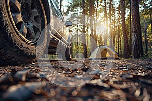 Off road vehicle camping in a forest, Summer travel camping, Car summer camping