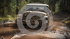 Off road vehicle coming out of a mud hole hazard,mud and water splash in off-road racing. Generative Ai