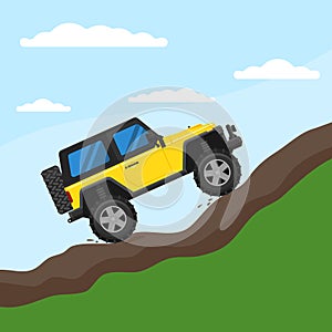 Off-road vehicle drives on a mountain against the sky