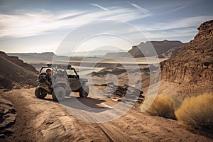 off-road vehicle exploring rugged terrain, with distant view of mountains in the background