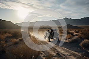 off-road vehicle exploring rugged terrain, with distant view of mountains in the background