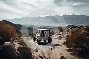 off-road vehicle exploring rugged terrain, with distant view of mountains in the background