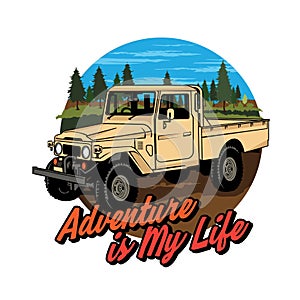 Off road vehicle in the mountain with pine tree forest, good for off road club logo and tshirt design