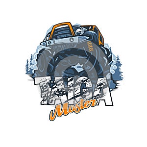 Off-road vehicle with name Master of the Taiga in impassable forests, logo in vector photo
