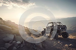 off-road vehicle riding over rocky terrain in the mountains