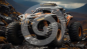 Off road vehicle speeds through extreme terrain, conquering dirt, mud, and adventure generated by AI
