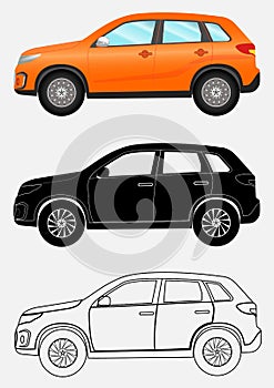 Off-road vehicle in three different styles: orange, black