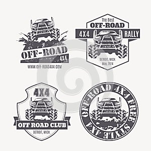 Off-road vehicle vector emblems, labels and logos