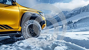 Off-Road Vehicle in Winter Landscape with Snowy Mountains. Generative ai
