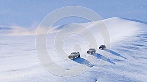 Off-road vehicles in snowy desert at snowstorm 3D