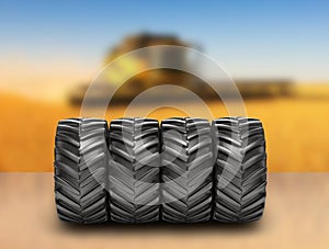 Off-road wheels on agricultural background 3D