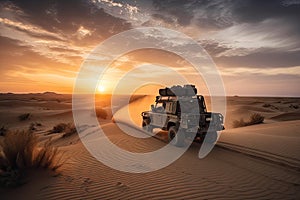 off-roader driving through a desert, with sand dunes and stunning sunset in the background