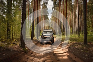 off-roader driving through forest with trees on the horizon
