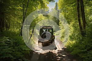 off-roader driving through lush forest on a sunny day