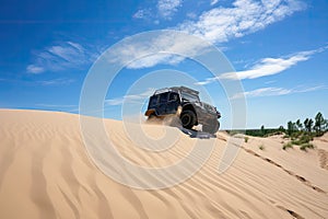 off-roader scaling daunting sand dune under clear blue sky