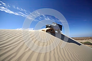 off-roader scaling daunting sand dune under clear blue sky