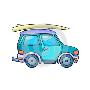 Off-roader and surfing board. SUV car or jeep isoated. Travel vehicle vector illustration on white background