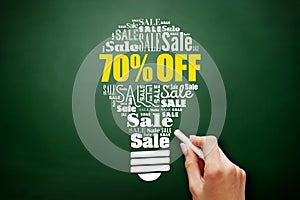 70% OFF sale bulb word cloud collage on blackboard