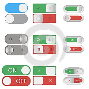 On and Off switch buttons. Set of Include and shutdown toggle sliders. Element of design for applications, websites. Vector.