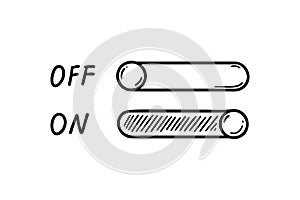 On Off switch doodle button. Active inactive hand drawn slider icon. Ui, app design element. Sketch vector illustration