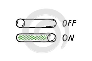 On Off switch doodle button. Active inactive hand drawn slider icon. Ui, app design element. Sketch vector illustration