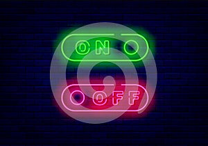 On off switch neon icons. User navigation element. Shiny effect banner. Pictogram on brick wall. Vector illustration