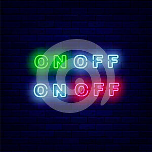 On off switch neon sign set. User navigation element. Shiny effect banner. Editable stroke. Vector stock illustration