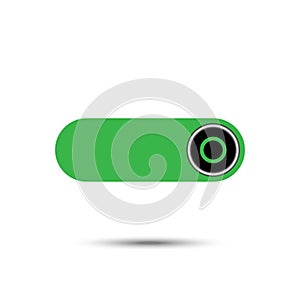 On Off switch slider style power buttons with green button background  The On buttons are enclosed in black and silver circle with