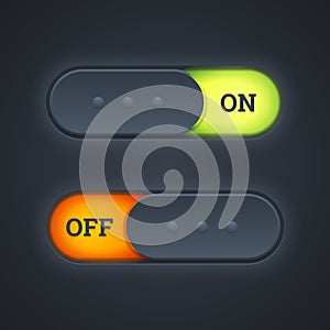 On and off switch toggle buttons with green and red lights. Vector illustration.