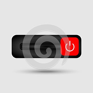 On Off switch toggle - slider style power buttons with shiny black shade button round in black background  The On Off buttons are