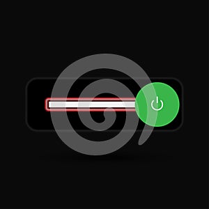 On Off switch toggle - slider style power buttons with shiny green shade neon light button round in black background The Off