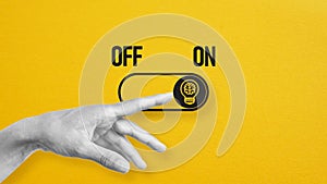 On and off toggle switch button with idea light bulb icon. Start thinking. Creative idea process switching into action