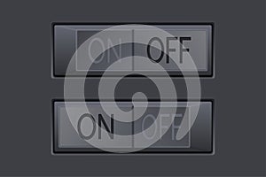 On and Off toggle switch buttons. Black 3d icons